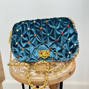 Twiggy London Teal Velvet Zippered Bag with different colored glass beads